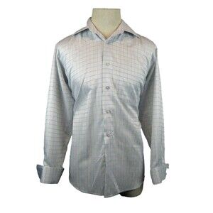 Mens Lucasini Poly Blue Check LS French Cuff Dress Shirt size 16-32/33